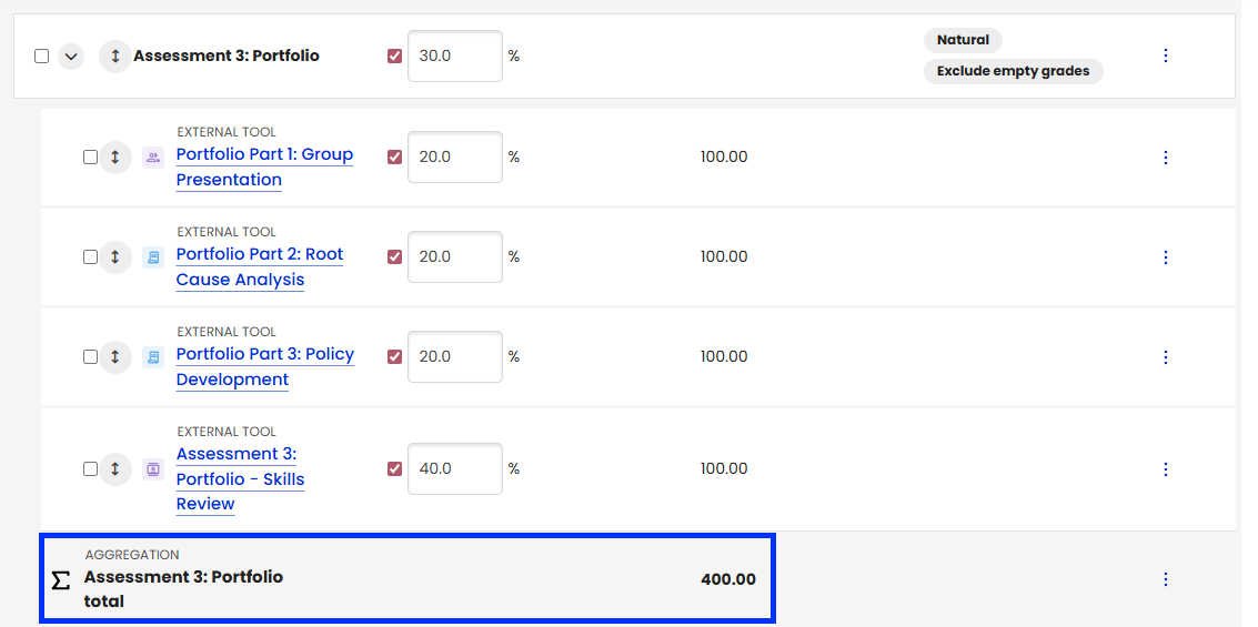Moodle - Gradebook Setup - Example View - Category Total